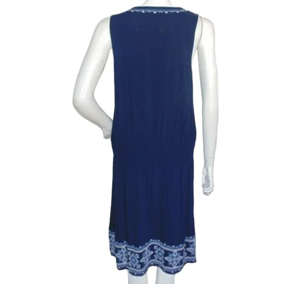 J. JILL Dress, L, Blue, Embroidered, Smocked waist, Sleeveless, Tie neckline - Picture 9 of 13